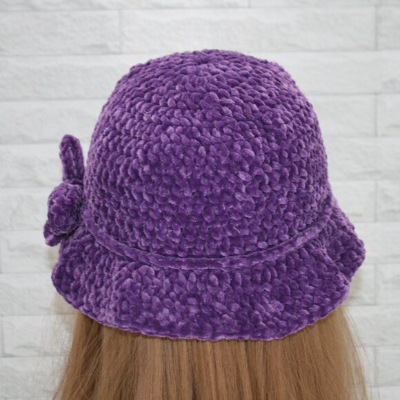 HAND CRAFTED Crochet Bucket Hat Grape Floppy Chenille Boho Wide Brim Bow Purple - Picture 4 of 10